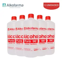 ALKOFARMA - Alcohol líquido puro 96° 1 litro ALKOFARMA. Pack 5 unidades
