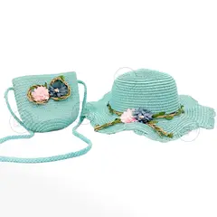GENERICO - SOMBRERO DE PAJA CON FLORES MAS BOLSO PARA NIÑA COLOR CELESTE