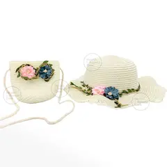 GENERICO - SOMBRERO DE PAJA CON FLORES MAS BOLSO PARA NIÑA COLOR PERLA