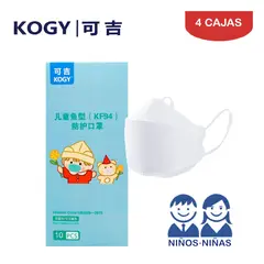 KOGY - Mascarilla KF94 Fish 3D NIÑOS NIÑAS blanco caja10und KOGY. Pack 4 cajas