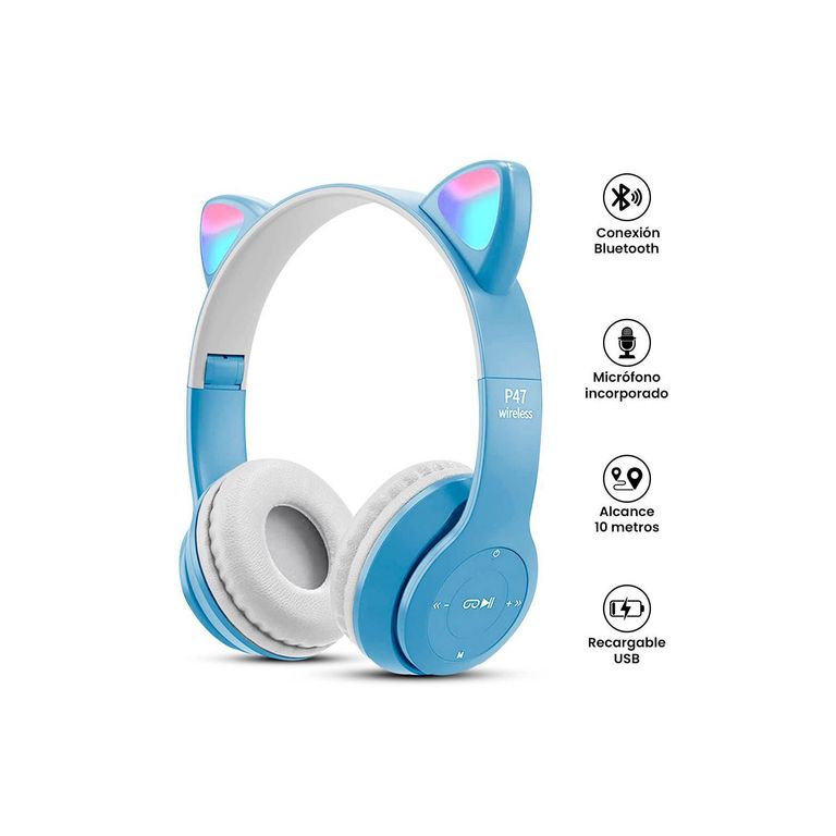 Audifonos Inalámbricos P47M RGB Gato - CELESTE