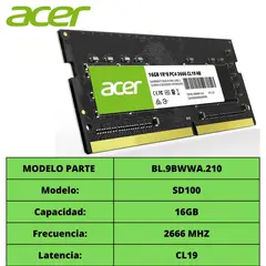 ACER - MEMORIA DDR4 SODIMM SD100 16GB 2666MHZ BL.9BWWA.210, CL19