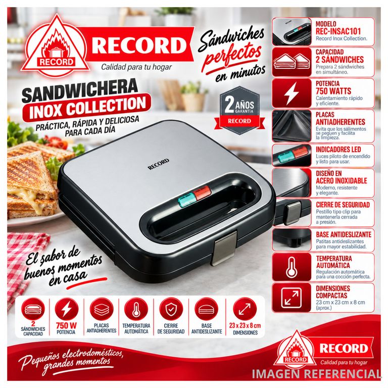 Sandwichera Eléctrica Antiadherente Plateado REC-INSAC101