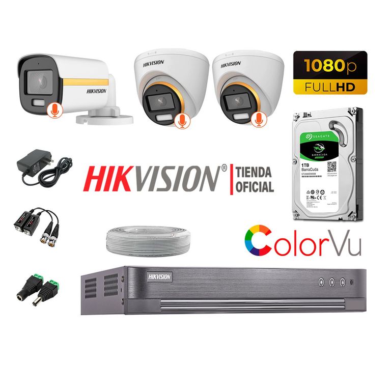 KIT 3 CÁMARAS SEGURIDAD 1080p COLORVU VISION COLOR 1TB