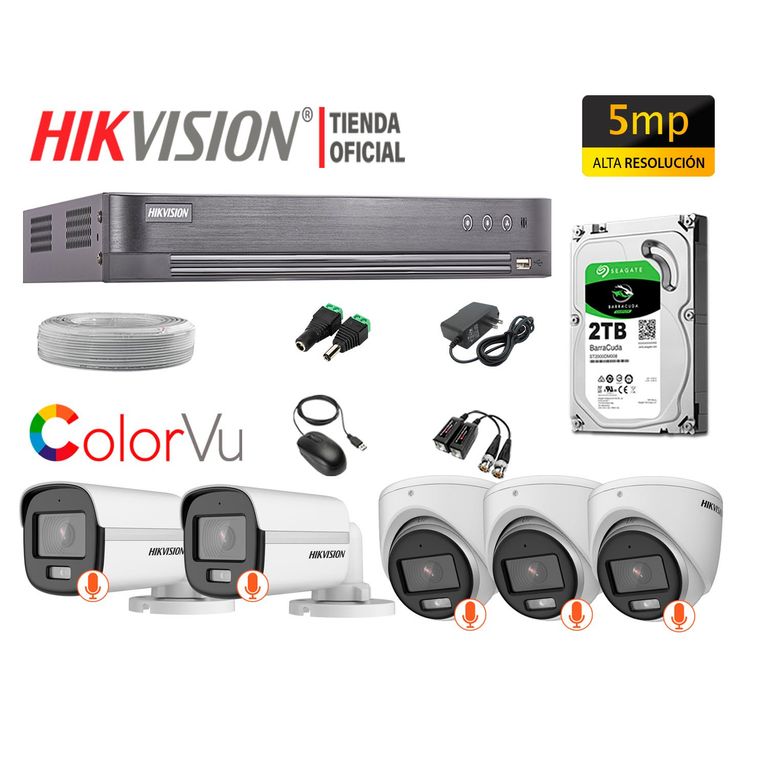 KIT 5 CÁMARAS SEGURIDAD 5MP COLORVU NOCHE COLOR DISCO 2TB