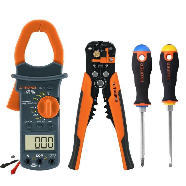 Kit pinza amperimétrica alicate pelacables automático, 2 desarmadores