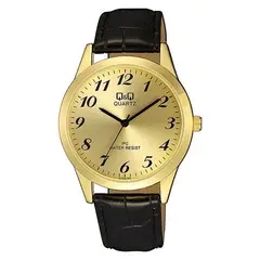 Q AND Q - Reloj Hombre QQ Cuero Analogico Dorado Negro WR