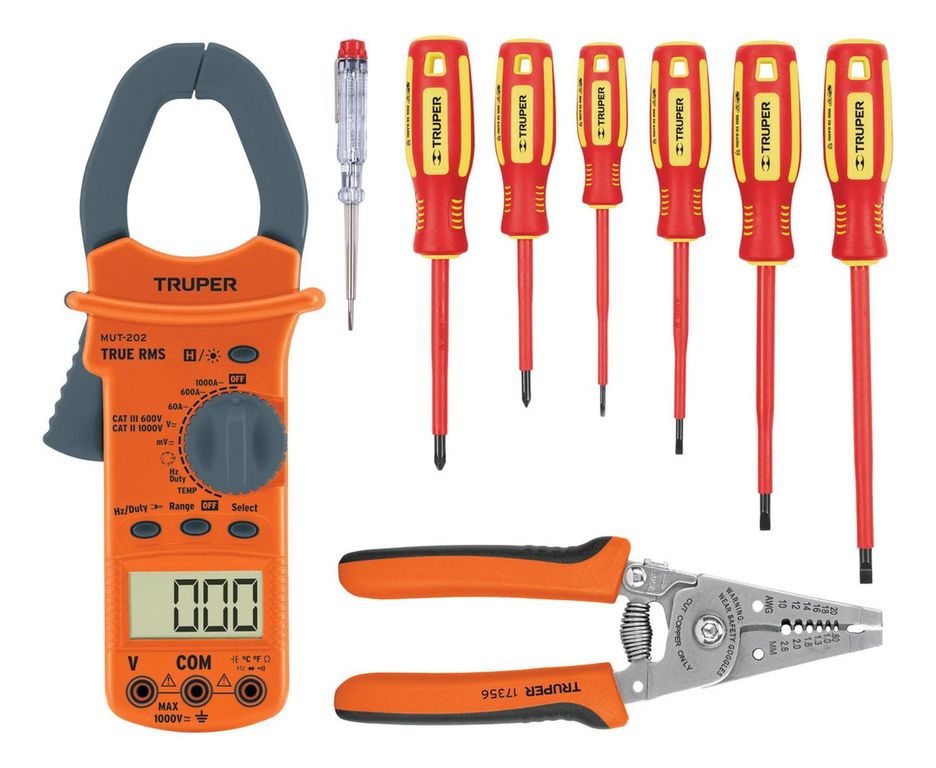 Kit pinza amperimétrica desarmadores 1000V y alicate pelacables