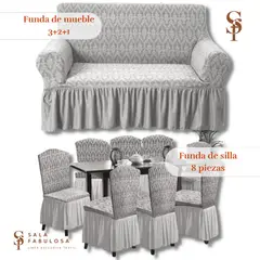 SALA FABULOSA - Set Funda de mueble 3-2-1 asientos + 8 fundas de silla Gris Diamante