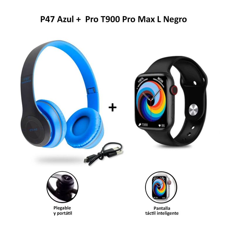 Audífonos Bluetooth P47 Azul+Smartwatch Serie 8 T900 Pro Max L Negro