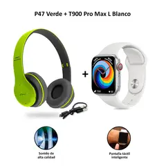 SASARU - Audífonos Bluetooth P47 Verde+Smartwatch Serie 8 T900 Pro Max L Blanco