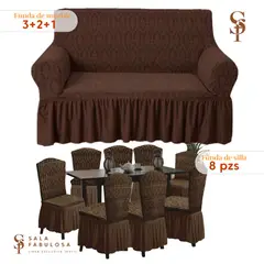 SALA FABULOSA - Set Funda de mueble 3-2-1 asientos + 8 fundas de silla chocolate