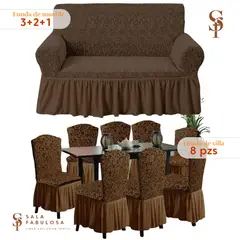 SALA FABULOSA - Set Funda de mueble 3-2-1 asientos + 8 fundas de silla chocolate