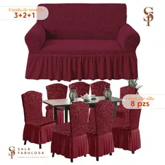 SALA FABULOSA - Set Funda de mueble 3-2-1 asientos + 8 fundas de silla guinda