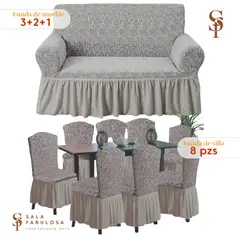 SALA FABULOSA - Set Funda de mueble 3-2-1 asientos + 8 fundas de silla Gris espiral