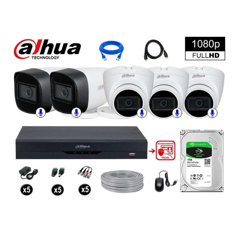 CÁMARAS SEGURIDAD KIT 5 CON AUDIO FHD +DISCO 1TB REC FACIAL