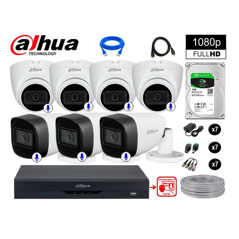CÁMARAS SEGURIDAD KIT 7 CON AUDIO FHD +DISCO 1TB REC FACIAL