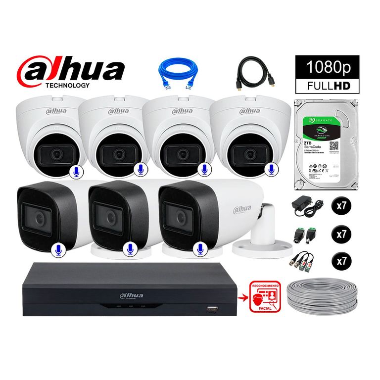CÁMARAS SEGURIDAD KIT 7 CON AUDIO FHD +DISCO 2TB REC FACIAL