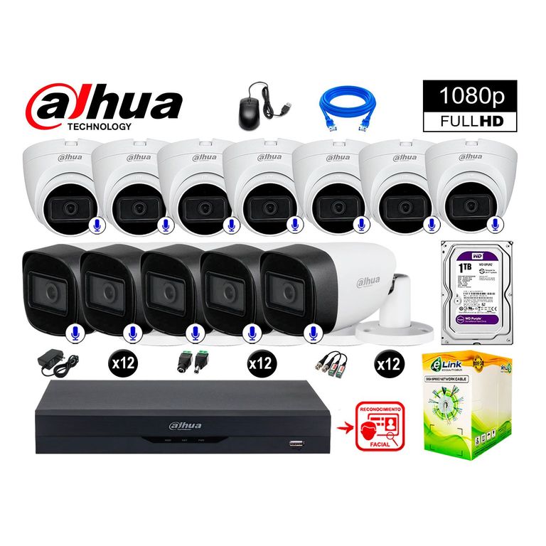 CÁMARAS SEGURIDAD KIT 12 CON AUDIO FHD DISCO 1TB REC FACIAL