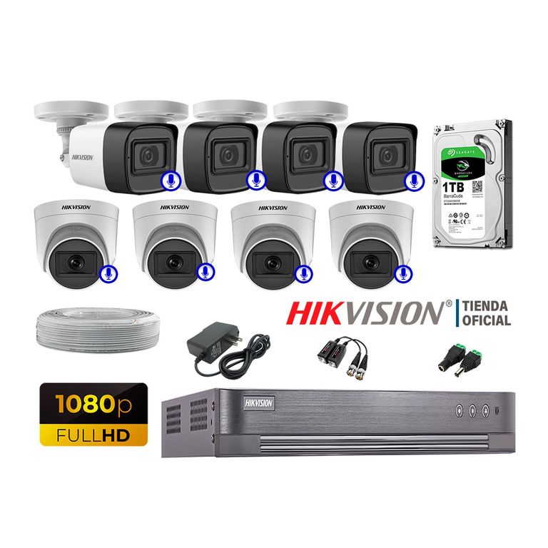 KIT 8 CÁMARAS SEGURIDAD AUDIO INCORPORADO FULL HD 1080P P2P