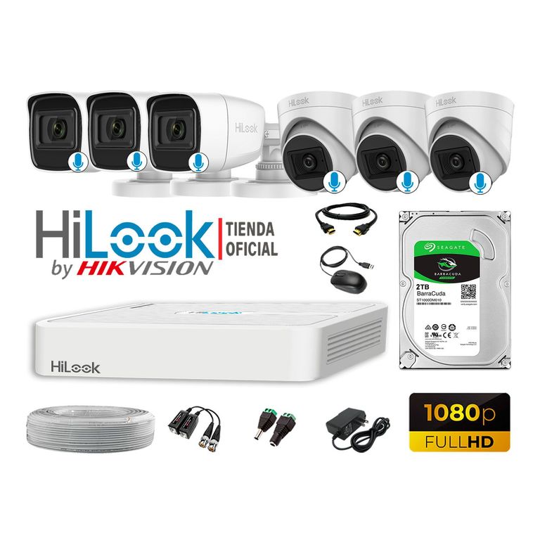 KIT 6 CÁMARAS SEGURIDAD AUDIO INCORPORADO FULL HD 1080P + DISCO 2TB