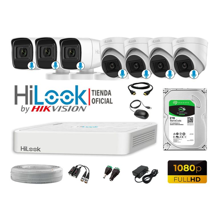 KIT 7 CÁMARAS SEGURIDAD AUDIO INCORPORADO FULL HD 1080P + DISCO 2TB