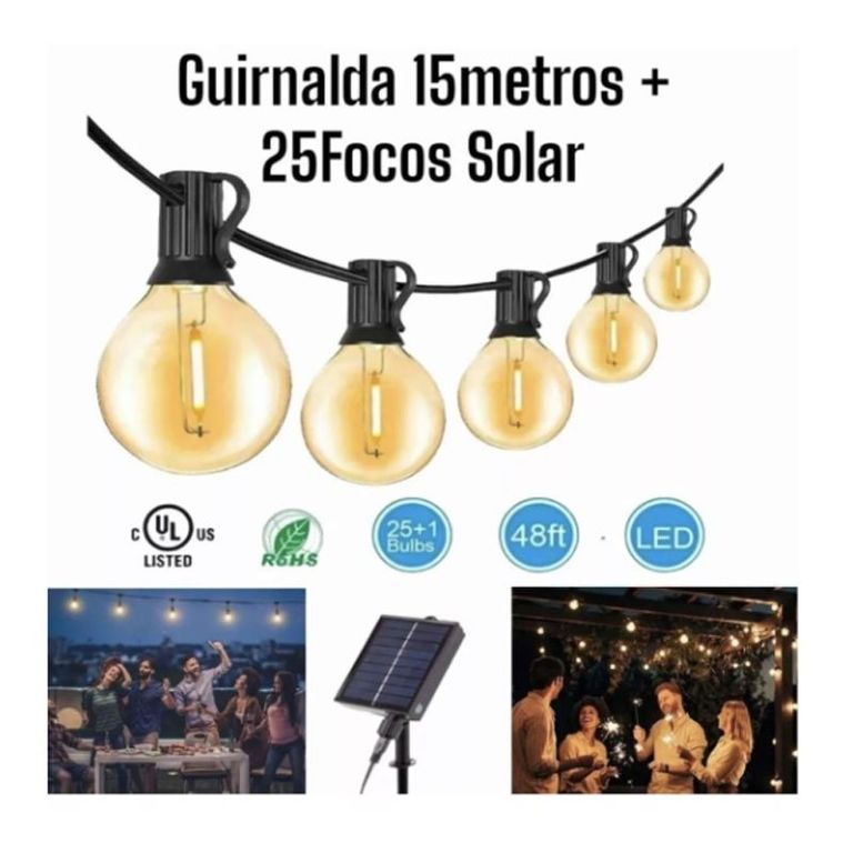 GUIRNALDAS LED 15 METROS 25 FOCOS PARA JARDÍN EXTERIOR SOLAR