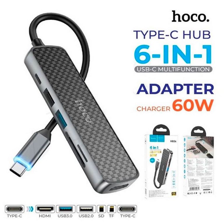 Lector Multipuerto Adaptador 6 En 1 Hb24 Multifunción Usb-c 60w