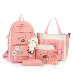 GENERICO - Mochila Coreana Kawai 5 en 1 con pines y peluche - Niñas Colegio