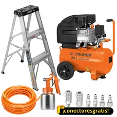 TRUPER - Kit compresora de Aire 25Lt, escalera 2 peldaños, manguera y pistola