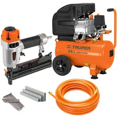 TRUPER - Kit Compresor de aire 25L 3HP Clavadora engrapadora 18 manguera 10m