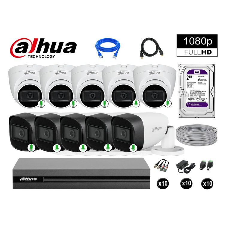 CÁMARAS SEGURIDAD KIT 10 FULL HD 1080P CON AUDIO INCORPORADO 2TB
