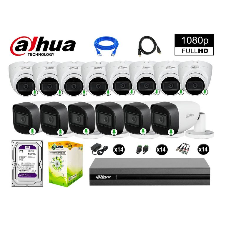 CÁMARAS SEGURIDAD KIT 14 FULL HD 1080P CON AUDIO INCORPORADO 1TB