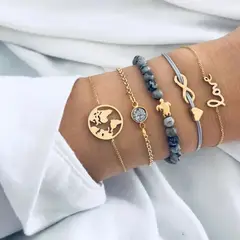 GENERICO - Set x 5 pulseras para mujer mapamundi tortuga infinito love
