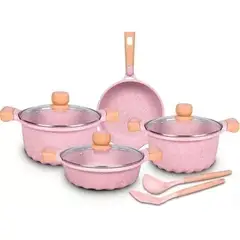GENERICO - Juego De Olla Roca Volcánica Anti-adherente 9pcs Color Rosa - MGC
