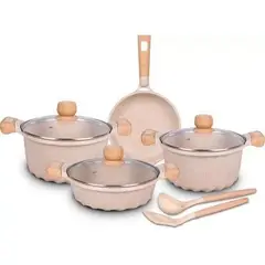 GENERICO - Juego De Olla Roca Volcánica Anti-adherente 9pcs Color Crema - MGC