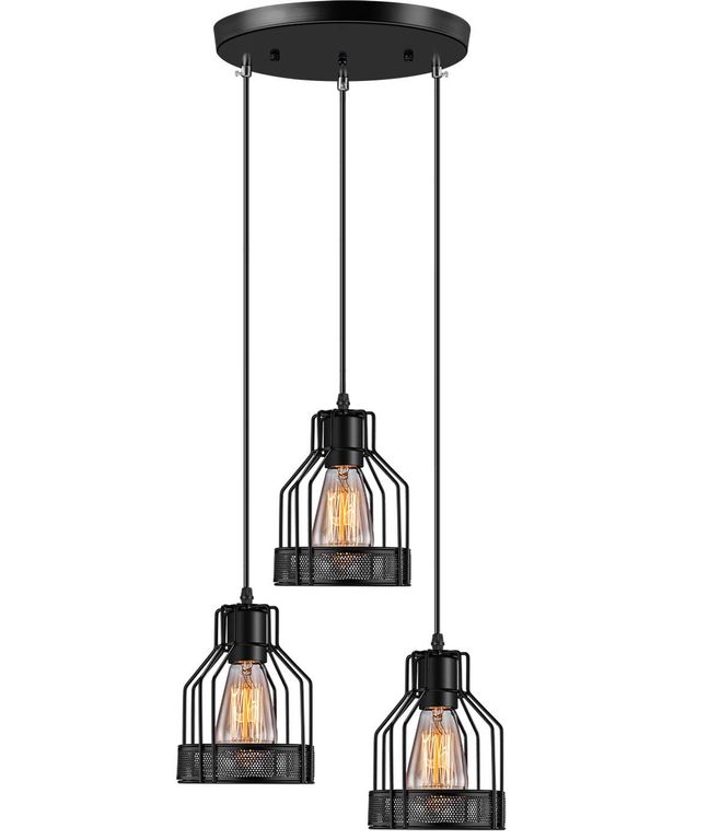 Retro lámpara de techo redondo 3 luz e27 lámpara colgante metal negro