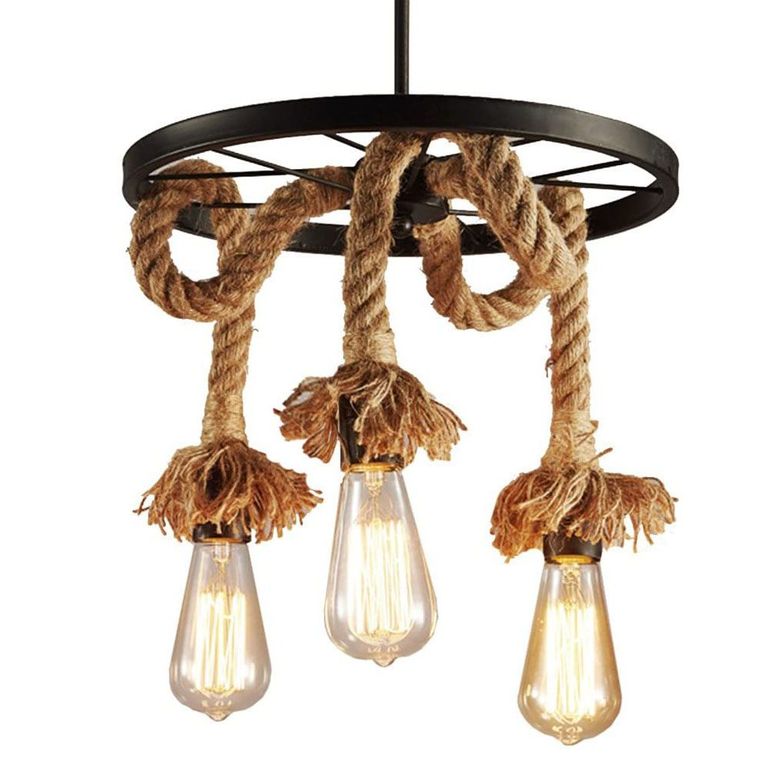 Lampara Colgante de Techo Vintage Cuerda de Cáñamo 3 Luces E27