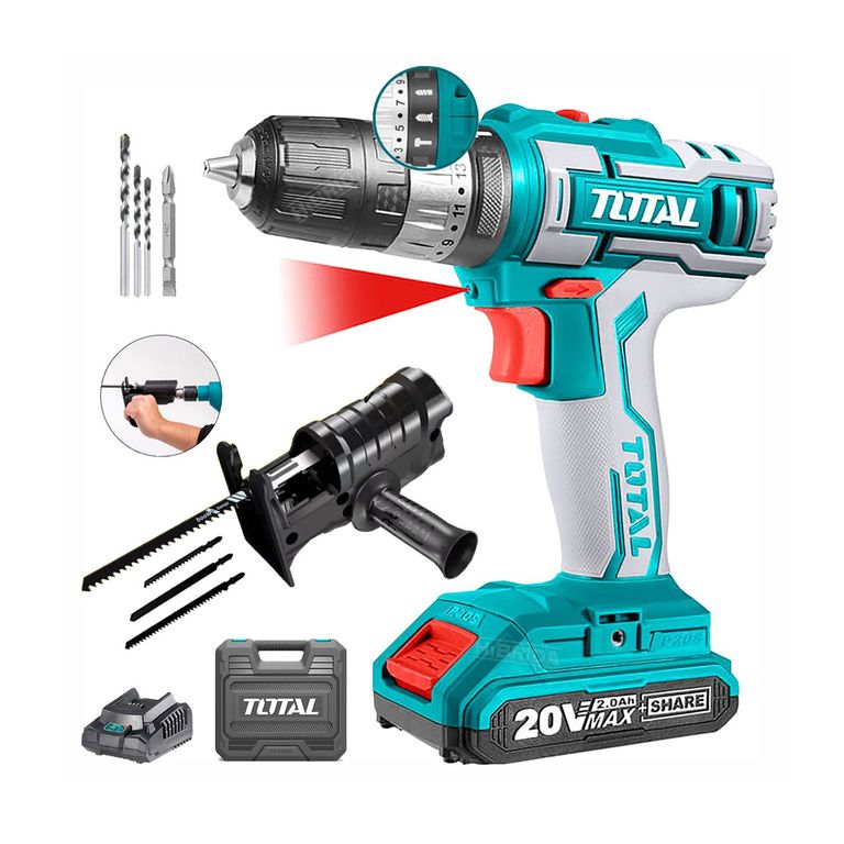 COMBO TALADRO ATORNILLADOR PERCUTOR 20V ADAPTADOR SIERRA CALADORA