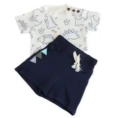 INCAHUGS - CONJUNTO BEBE NIÑO POLO MANGA CORTA Y SHORT DE ALGODÓN DINO