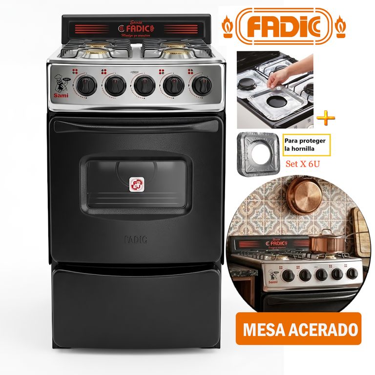 Cocina con respaldar y Horno 20 Sami 4H Negro +Protector