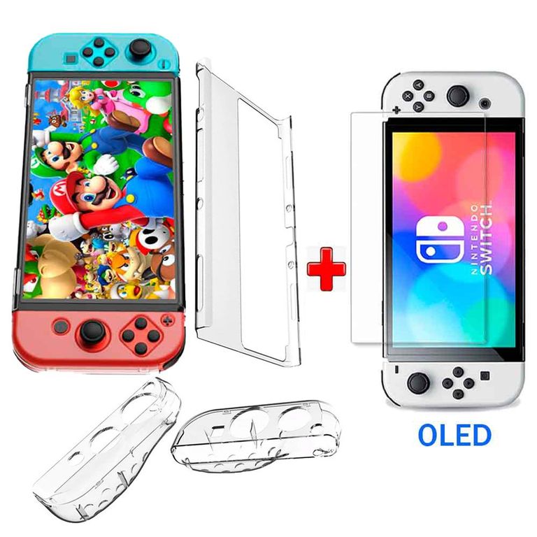 Pack Case para Nintendo Switch OLED y Mica de Vidrio Rígido Transparen
