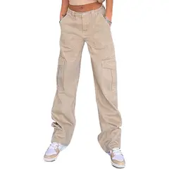 BLWOENS - Pantalones cargo elásticos de cintura alta para mujer - Khaki