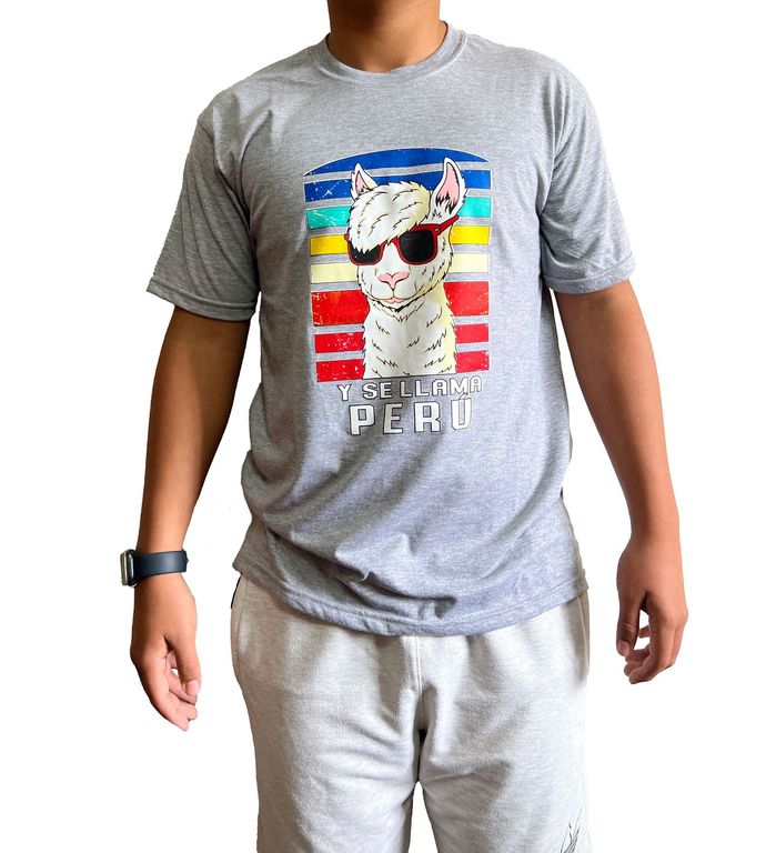 Polo Hombre manga corta diseño Llama Perú - Gris melange