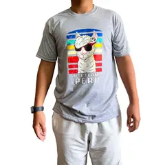GENERICO - Polo Hombre manga corta diseño Llama Perú - Gris melange