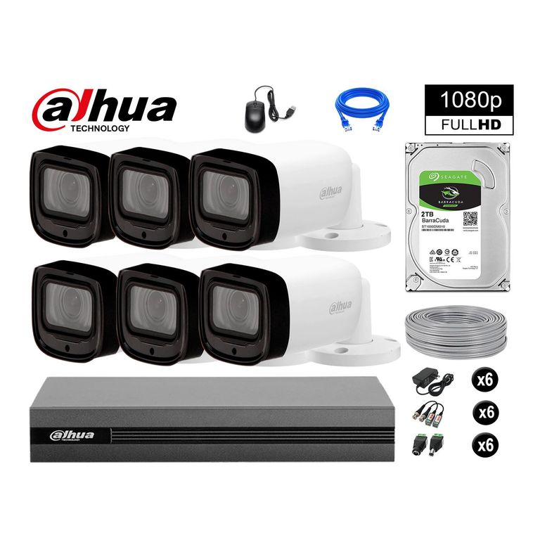 CÁMARAS SEGURIDAD EXTERIOR KIT 6 VARIFOCAL 1080P + DISCO 2TB P2P