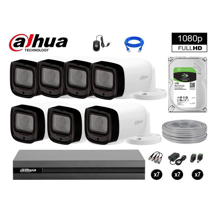 CÁMARAS SEGURIDAD EXTERIOR KIT 7 VARIFOCAL 1080P + DISCO 1TB P2P