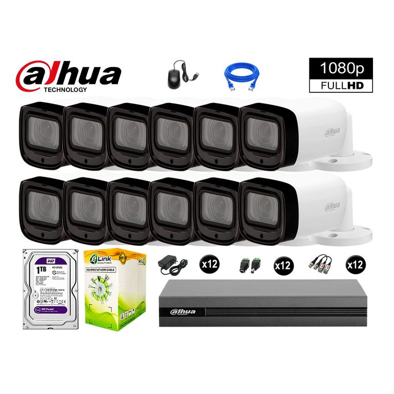 CÁMARAS SEGURIDAD EXTERIOR KIT 12 VARIFOCAL 1080P + DISCO 1TB WD