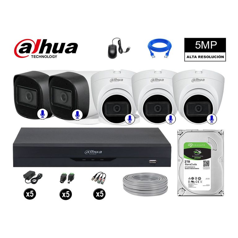 CÁMARAS SEGURIDAD KIT 5 5MP + DISCO 2TB AUDIO INCORPORADO P2P COMPLETO