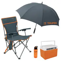 TRUPER - Combo Silla de playa camping plegable sombrilla cooler